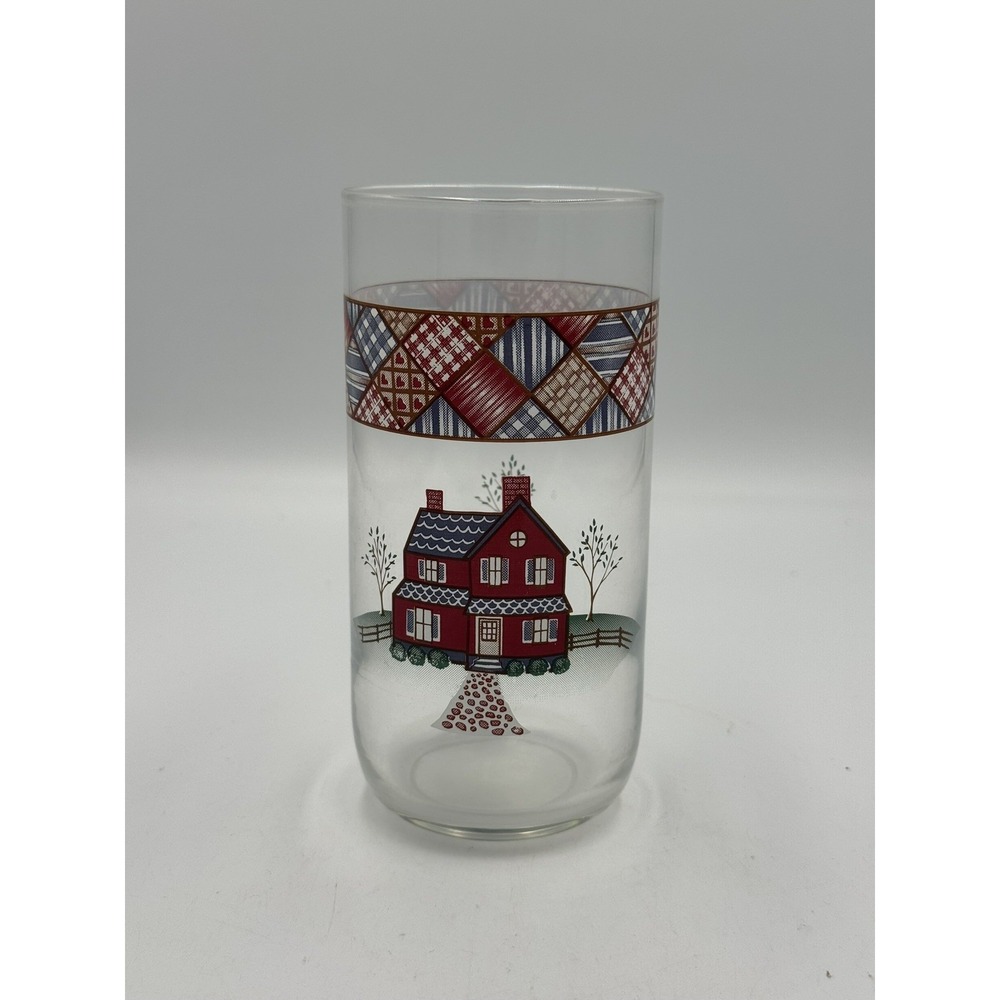 Vintage Libbey Home Sweet Home Glass Tumbler 16Oz 5 7/8" Country House Patchwork